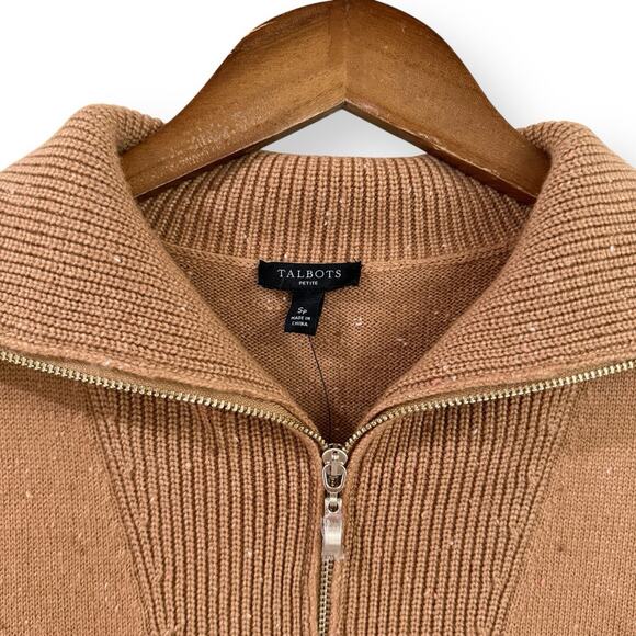NWT Talbots Zip Collar Sweater Dress Tweed Tan Womens Petite Small SP Cotton - Picture 3 of 13